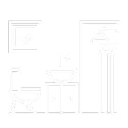 Minimalist line art bathroom design featuring a toilet, sink with cabinet, wall mirror, and shower with curtain by PH Design.